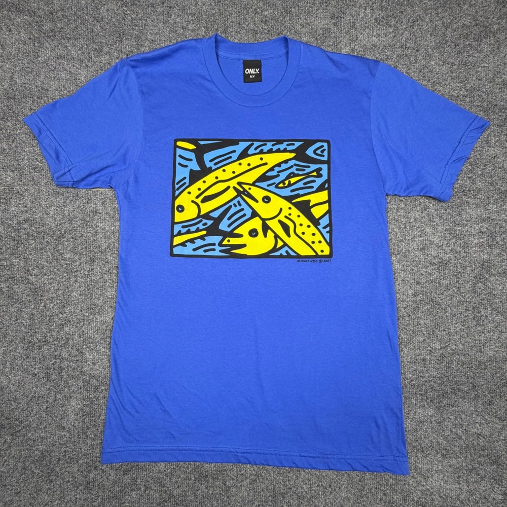 ONLY NY Micah NYC Fish Graphic T-Shirt Mens Medium Blue Cotton Made in USA